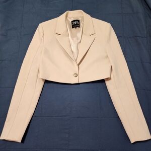 ZARA Cream Cropped Blazer Jacket XS Satin Lined One Button Front Closure